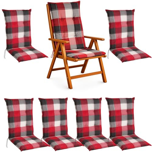 Hochlehner Auflage 120x50x5,5 cm 6er Set Rot Grau Kariert Garten Komfort | BURI, Schaumkern, Vollvlies, Halteband, Bindebänder, Gartenstuhlpolster, Balkon, Terrasse, wetterfest, langlebig