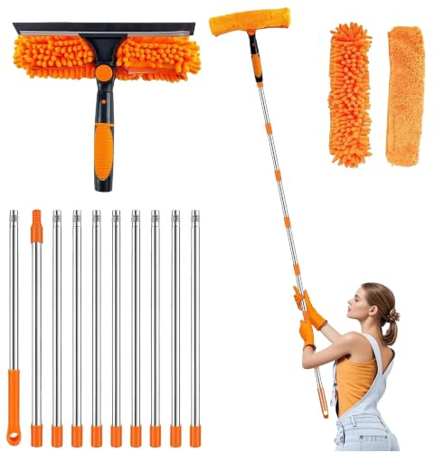 4,5 m Teleskop Fensterreiniger - 2-in-1 Fensterwischer mit 270° Drehkopf | Fensterwischer mit ausziehbarer Stange für hohe und schwer erreichbare Glasflächen Orange