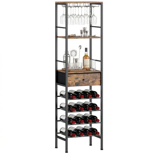 HOMCOM Industrial Wine Bar Cabinet with 16-Bottle Wine Rack Rustic Brown | Glass Holder, Freestanding Liquor Cabinet Bar Stand, 2 Shelves, Drawer, for Home, Living Room
