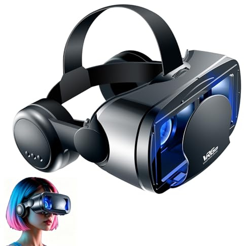 Gafas de realidad virtual 3D para smartphone con auriculares, auriculares de realidad virtual – Lentes HD anti luz azul, IPD y enfoque ajustable, compatible con iPhone y Android (5 – 7 pulgadas