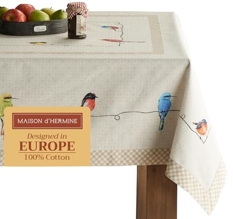 Maison d'Hermine Tischdecke, Rechteckig, 100% Baumwolle (180 cm x 140 cm) | Wiederverwendbar, für den täglichen Gebrauch, zum Essen, für Partys, Festliche Anlässe und Frühjahr Sommer - Birdies On Wire