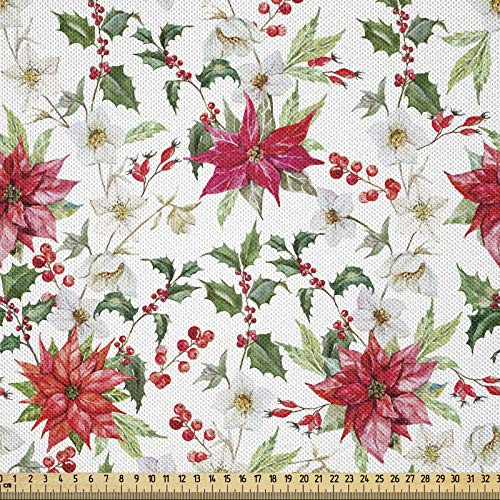 ABAKUHAUS Aquarell Satin Stoff als Meterware, Weihnachtsstern Rowan, Zum Nähen Toller Stoff für Heimtextilien Aller Art, 3M (148x300cm),Zinnoberrot Magenta Grün