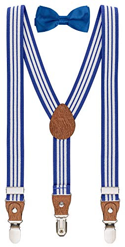 BomGuard 3 Clips Kinder Hosenträger Fliege Set - Kleinkind Junge Mädchen,gestreift blau