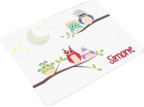 CreaDesign, Frühstücksbrettchen Kinder mit Namen personalisiert, Brettchen Kinder Kunststoff Eule, Antirutsch-Noppen, Größe 20 x 25 cm