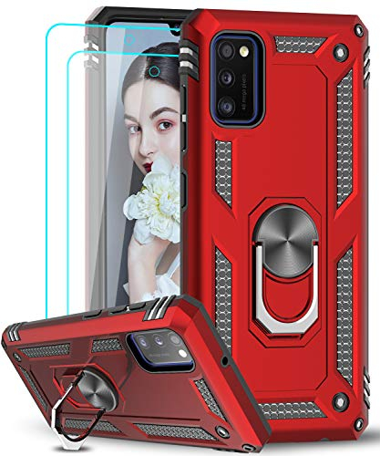 LeYi Schutzhülle für Samsung Galaxy A41, mit [2 Stück] Hartglas, Ringhalterung, doppelte Schicht, verstärkt, Stoßdämpfung, TPU, Silikon, stoßfest, Rüstung, Schutzhülle für Samsung A41, Rot