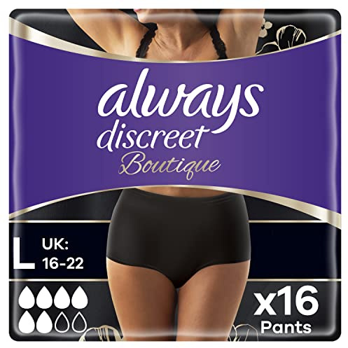 Always Discreet Boutique Incontinence Pants Women, Large Size, Black, 16 High Absorbency Plus Pants (8 x 2 Packs), Odour Neutraliser, Softness and Protection, For Sensitive Bladder