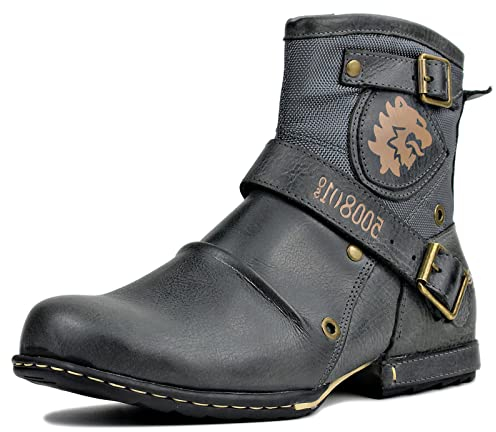 OSSTONE Chukka Stivali Cowboy Boots Maschio Mens Motociclo Botas Cerniera su in Pelle Vitello Western retrò Stile Uomo Stivali Piatto Caviglia Boots 5008-1-NH-IT Grigio US9(EU42)