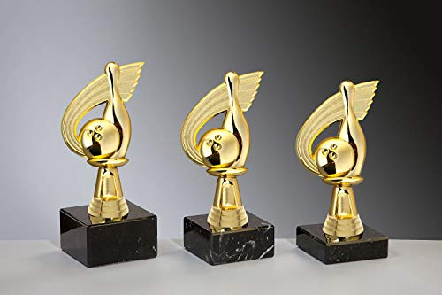 Henecka 🎳 Bowling Pokal, Bowling Trophäe, Schraubfigur Siegesflügel Gold, Kegel Gold, Bowlingkugel Gold, Marmorsockel schwarz, mit Wunschgravur, wählbar in 3 Größen oder als 3er-Serie