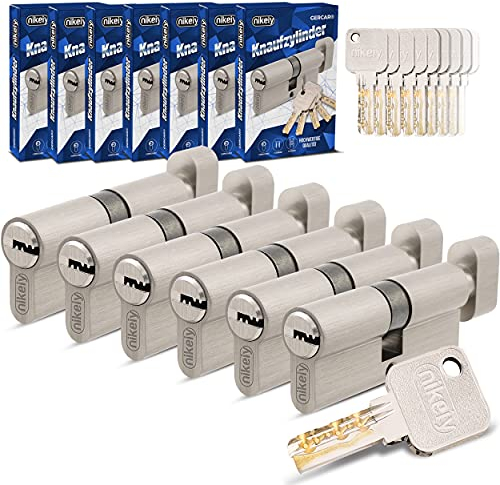 GERCAR Pro Lot de 6 cylindres à bouton, à fermeture identique, 45/45 mm, avec 30 clés, pour serrure de porte, longueur : 90 mm, A : 45, B : 45, en laiton mat massif