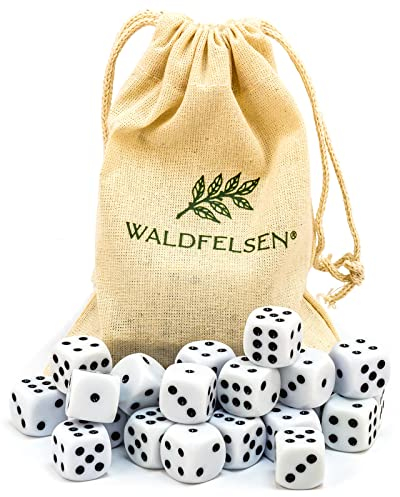 Waldfelsen 6, 12, 20, 30 oder 50 hochqualitative Würfel Standardgröße 16 mm Acrylwürfel Knobel Spielwürfel Dice 6-seitig sechsseitig Spielzubehör Set mit Stoffbeutel (Weiß, 30 Stück)