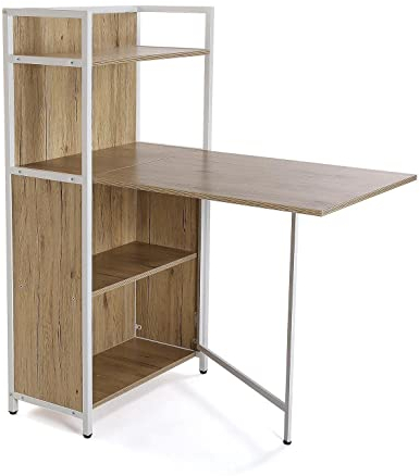 Versa Blumenau Esstisch mit Regal für Küche, Terrasse, Garten oder Esszimmer, Klappbare Arbeitsplatte, Maßnahmen (H x L x B) 120 x 30 x 62 cm, Holz, PVC und Metall, Farbe: Braun und Weiß