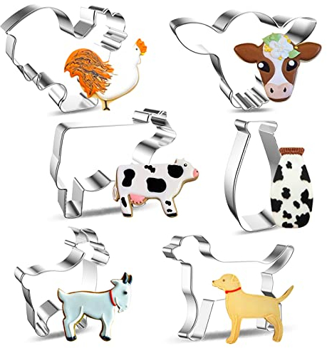 6Pieces Cow Cookie Cutters Set, Cookie Cutters Shapes Biscuit Cutters, Stainless Steel Fondant Mould Cake DIY Baking Pastry Cutters with Cow, Cow Head, Milk Bottle, Goat, Dog, Chicken