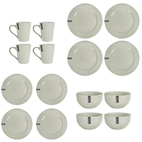 YöL Full Dinner Set 16pc Embossed Stoneware Plates Bowls Mugs Green Dinnerware Dining Kitchen Microwave and Dishwasher Safe Modern Dinner Set