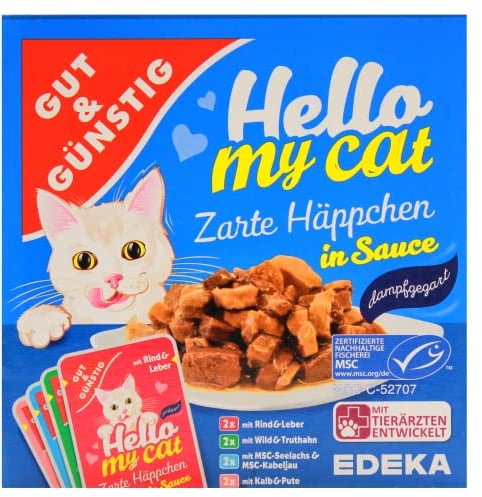Gut & Günstig Hello My cat Zarte Häppchen in Sauce in 4 Geschmacksrichtungen, 8er Pack (8 x 800g)