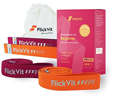 FlickVit Fitnessbänder 4er Set- Beginner (2 & 3) inkl. Tragebeutel, Fitnessband Stoff, Klimmzugband, Widerstandsbänder Set, Widerstandsband, Gummiband Sport, Theraband Set