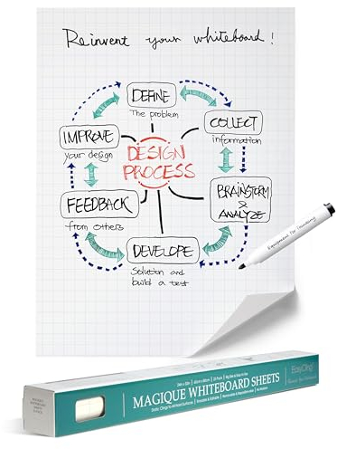 EasyCling® Magique Whiteboard Folie Selbstklebend - Elektrostatische Folie mit 25 Blatt & 1 Boardmarker Inkl, Abwischbar und Wiederbeschreibbar, Geeignet für alle glatten Flächen, 60 x 80cm (Gridded)