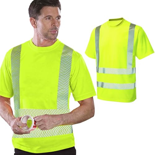 Vasego Hi Vis T Shirt for Men - Safety Work Reflective Tape Polo Shirt - Short Sleeve Mock Collar Polyester High Viz Visibility Workwear - EN20471 Class 2 Certified - Available (S-4XL) (XL, Yellow)