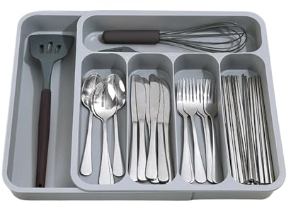 BAOWUABJ Adjustable Cutlery Drawer Organiser, Expandable Utensil Drawer Organiser for Kitchen, Drawer Organiser Storage Trays for Knives, Forks and Spoons (Grey)