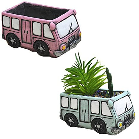 Fonzci Zement-Sukkulententopf, Auto-Blumentöpfe, Lustiger Übertopf, Gartendekoration, Sukkulenten-Übertopf, Blumentopf (Bustrolley hell + Buswagen rosa)