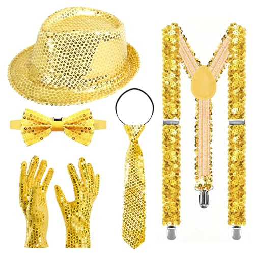 Meleager Disco Outfit Herren, Glitzer Kostüm Accessoires, Pailletten Fliegen, Krawatten, Handschuhe, Hosenträgern, geeignet für Silvester, Karneval, Aufführungen(Gold)