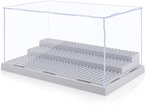 Mlikero Minifigure Display Case for Action Figures Blocks, Clear Dustproof Display Storage Box with 3 Movable Steps Gifts for Children Minifigures Collectors(Grey)