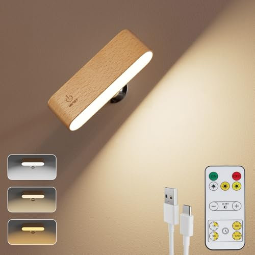 Electight LED Wooden Wall Lamp with Remote, Indoor Sconce Wall Light 360° Rotatable Magnetic, 3 Color Dimmable, Touch Control, Type-C Rechargeable Battery, for Bedroom, Reading