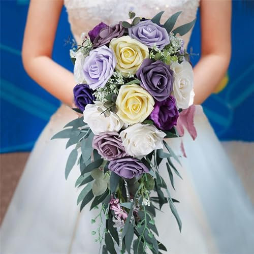 ZDRGE-AF Hochzeitssträuße für Braut, künstlicher staubiger blauer Rosen-Brautstrauß, romantischer Kaskadenstrauß für Hochzeitszeremonie, Jahrestag, Kirchendekoration, Wurfstrauß (lila)