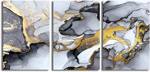 Linilioart Moderne abstrakte schwarze und goldene Leinwandkunst, flüssige Tinte, Wandkunstdrucke, Schlafzimmer, Wohnzimmer, Büro, Wanddekoration, 3 Stück (30 x 40 cm, ungerahmt)