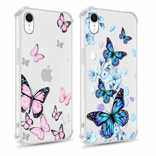 Yoedge 2 Pack Clear Phone Case Compatible with iPhone XR 6.1, Transparent Silicone with Butterfly Aesthetics Pattern, Shockproof Bumper Protector Matte Cover for iPhone XR, Girls