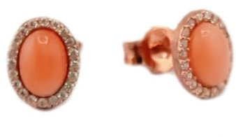 Orecchini a lobo piccoli in argento 925 ramato con corallo rosa centrale ovale e giro pietre zirconi bianchi gioiello ragazza donna gioiello elegante artigianale