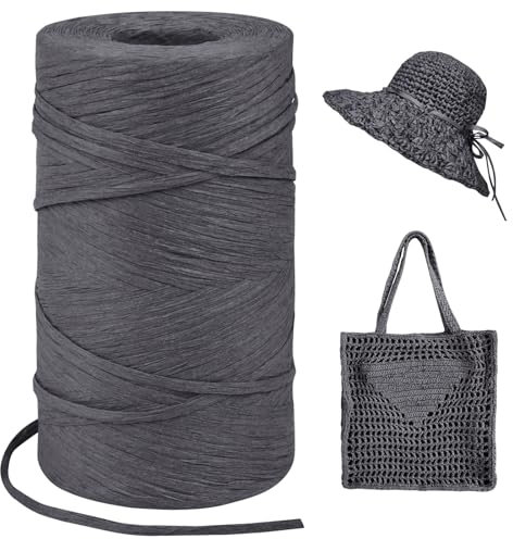 LEREATI Raffia Garn zum Häkeln, Bastband Natur 3mm x 300m Papiergarn Geschenkbänder, Bändchengarn zum Häkeln, Papierdraht zum Häkeltaschen, Körbe, Hüte, Geschenkverpackung (Dunkelgrau)