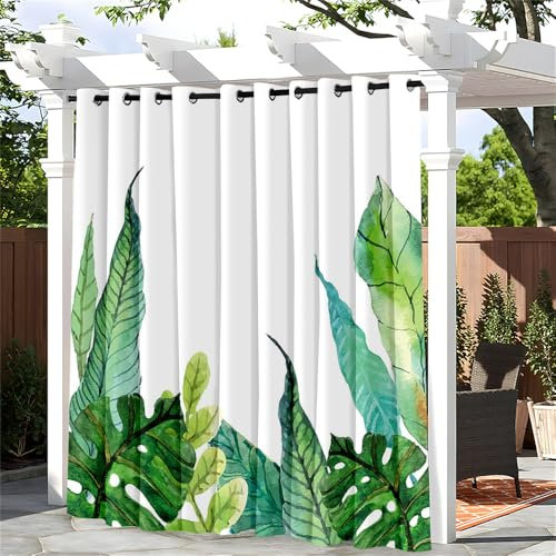 Hiseng Tende da Esterno con Anelli per Gazebo e Balcone, 1 Pezzi Tende Impermeabili con Stampa Foglie di Banano Verde 3D, Tende Modern Protezione Solare e Privacy (132x243cm,Piante Tropicali 5)