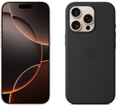 Apple iPhone 16 Pro (128 GB) - Titanio Color Desierto + Funda de Silicona con MagSafe - Negro