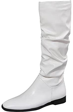 Stivali lunghi da donna in pelle tinta unita a punta rugosa a punta piatta stivali alti al ginocchio con tacchi, bianco, 40 EU