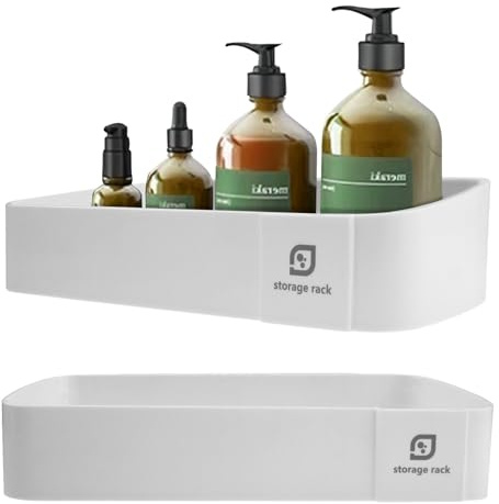 Rongxze 2 Pezzi Portasapone Doccia Mensola, Senza Foratura Mensola Bagno in Plastica, con 2 Ganci, per Bagno e Cucina, per Doccia, Portaoggetti, Mensole Autoadesive (Bianco)