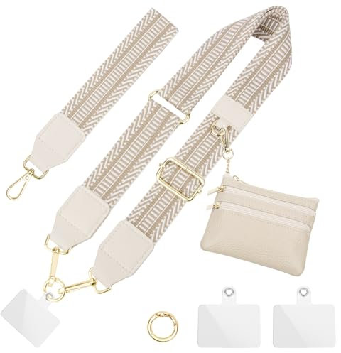 ONEKERUN Cordon Telephone Portable Cordon Tour de Cou Téléphone Universelle Cordon Coque Téléphone Bandoulière Réglable Dragonne de Telephone Portable,avec Portefeuilles & 2 Patchs (khaki)