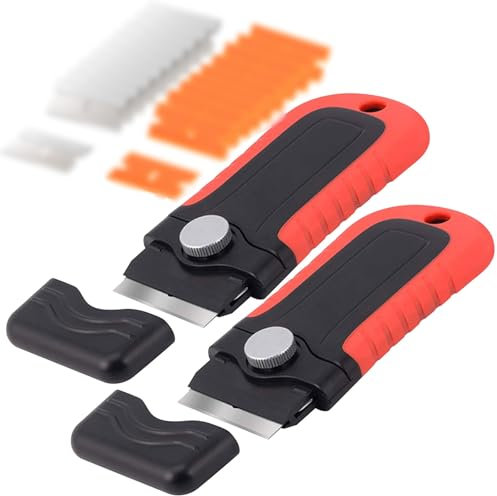 2pcs Glass & Window Scraper Set, Plastic Scraper Tool, Ceramic Hob Scraper with 10 Steel & 10 Plastic Blades, Non Scratch&Anti Slip Oven Cleaning Tool for Removing Lable, Glue
