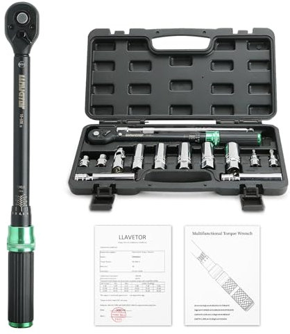 LLAVETOR Clé dynamométrique 3/8, 5-60 Nm, clé dynamométrique pour vélo et moto, précision d'erreur de ±3 %, avec tige d'extension, douille de bougie d'allumage magnétique (10-60 Nm (14 pièces))