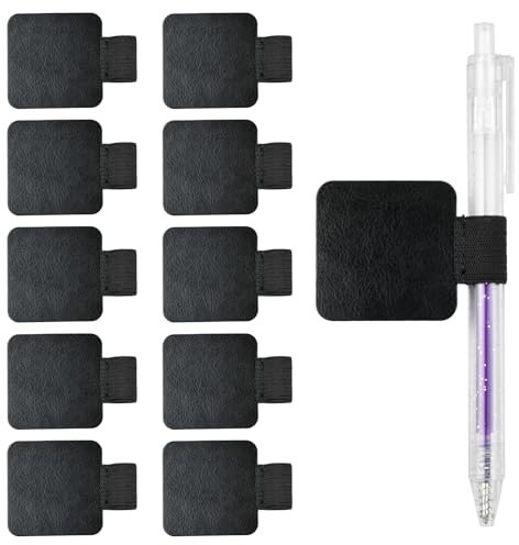 10 Pcs Pen Holder for Notebook, Self-Adhesive Pen Loop, Elastic Pen holder Rectangle Black, Pen Holder Leather with Elastic Band, Notebook Pencil Loop, for Book Tablet Diary Calendar