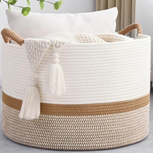 Degeyoyo Großer Deckenkorb, 50,8 x 33 cm, gewebte Aufbewahrungskörbe mit Griff, Baumwollseil, Deckenkorb, Wohnzimmer, Baby-Wäschekorb für Decke, Kinderzimmer, Spielzeug, Kissen (weiß und braun)