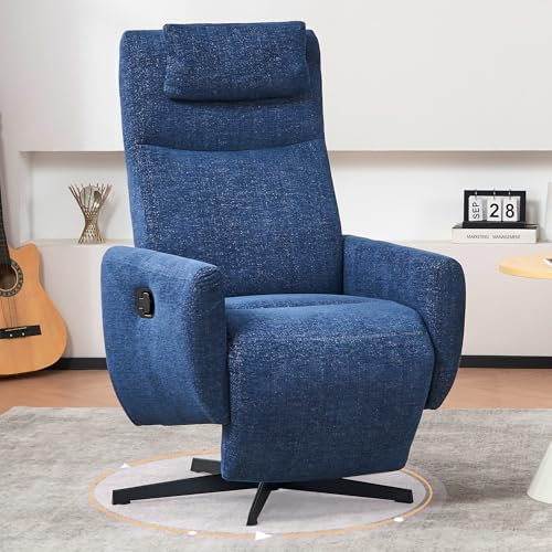 Drehbarer Kinosessel mit wasserdichtem Chenille-Stoff Kopfstütze Fußhocker und Liegefunktion Blau 360° Drehung Verstellbarer Winkel 100° 160°