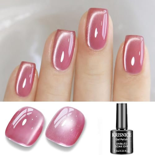 KRISNICE Verre Vernis Semi Permanent Magnétique, Rose Pâle Holographique Pailleté Cat Eye Semi-permanent Soak Off UV/LED Vernis à Ongles Pour Salon DIY Home(Pink-MY1-002)