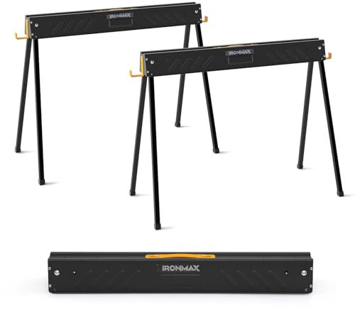 TANGZON 1000KG Folding Saw Horses Twin Pack, 2PCS Heavy Duty Workbench Metal Trestle Stands with 2 x 4 Support Arms, Portable Sawhorses Pair（Black+Yellow,94 x 47 x 74 cm)