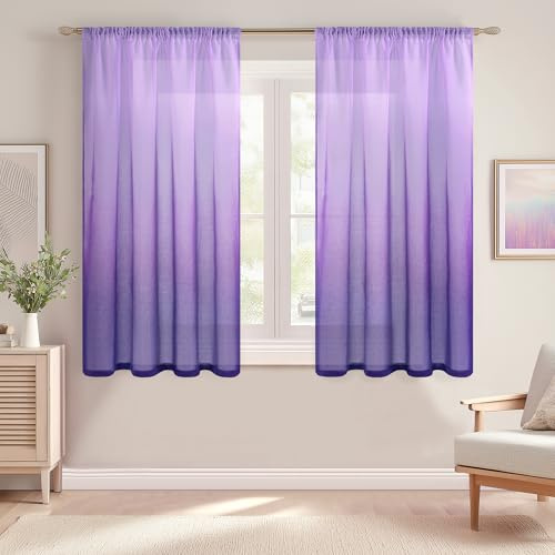 DWCN Lila Farbverlauf Voile Gardinen mit Kräuselband H145 x B140 cm 2er Set | Kurz Vorhänge Transparent mit Schienensystem, Schiebevorhänge Luftig Modern für Fenster Wohnzimmer Schlafzimmer Kinderzimmer