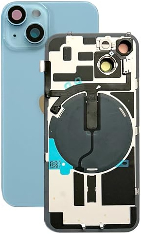 SVV Tapa trasera para iPhone 14. Premontada: con cable flexible QI/NFC, imán, soporte metálico, anillos de cámara, etc. Exactamente como en la foto. Cristal trasero de repuesto. OEM (azul)