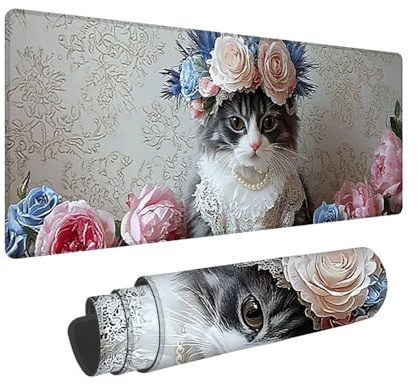 Gaming Mauspad, Mousepad XXL 1400 x 600 mm Mouse Pad mit Wasserdicht und Anti-Rutsch Großer Tischunterlage für Büro Verbessert Präzision und Geschwindigkeit Gaming Zubehör (Peony Blume Katze) K-584