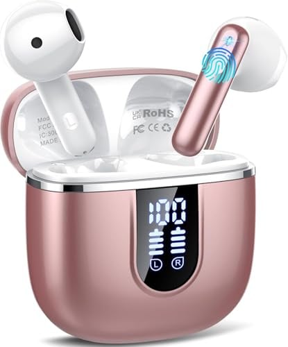 Auriculares Inalambricos Bluetooth 5.4, Auriculares Bluetooth con 4 Mic ENC Reducción de Ruido, 40H Cascos Inalambricos Bluetooth con HiFi Estéreo, Pantalla LED, IP7 Impermeable Audifonos USB-C Rosa