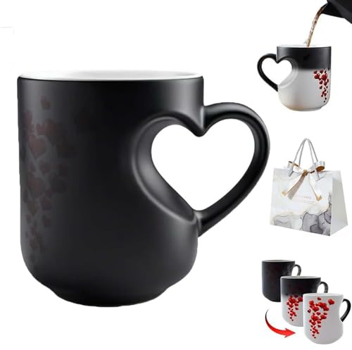 Pnedeodm Heart-Shaped Color Changing Magic Ceramic Mug, Funny Color Changing Coffee Cup, Heart Shaped Handle Ceramic Coffee Cup for Valentine's Day, Romantic Gift (Black)