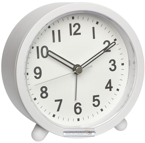 TFA Dostmann Wecker batteriebetrieben analog, 60.1043, ohne Tickgeräusche, mit Hintergrundbeleuchtung, Tischuhr, inkl Weckalarm mit Snooze, Retro (Weiß mit Batterie)