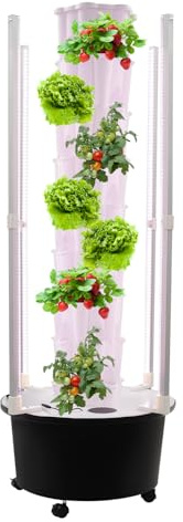 soudesileim Mobiler Pflanzturm mit Rollen und LED licht, vertikales Hydroponik System mit Pflanzlöchern und Wassertank für Salat, Kräuter und Gemüse zuhause (48 Pflanzlöcher)
